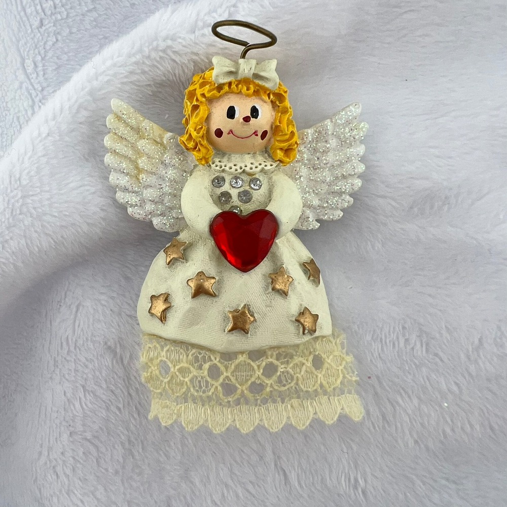 Vintage Angel Brooch Red Heart Glitter Wings Lace Dress Gold Stars Valentine Pin